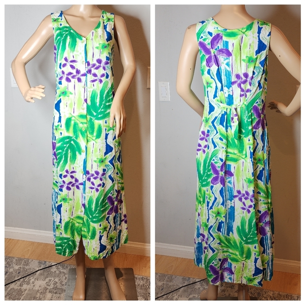 Xtreme Island Designs Hawaii Sleeveless Button Midi Dress Green Purple Small